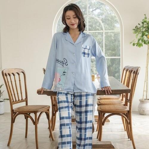 Women 2PCS Sleepwear Blue Printed Pajamas Set Satin Sleep Set Long Sleeve Shirt&Pants Female Casual Pyjamas Suit Home Clothes