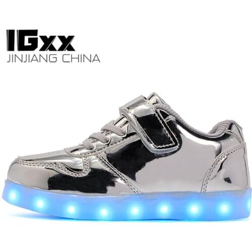 IGxx LED Light Up Shoes LED For Kids Hook&Loop USB Charging Glowing LED Girls Shoes Child Luminous Sneaker PU Toddler Silver
