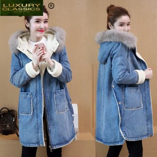 Womens Denim Jacket Elegant + Fur Hooded Korean Winter Coat Female Parkas Mujer 2021 Warm Wool Liner Long Coats 20211213
