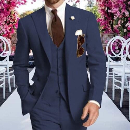 Mens Suit 3-Pieces Formal Business Suits Slim Fit Solid Tuxedos Best Man For Wedding Groomsmen (Jacket+vest+Pants) Navy