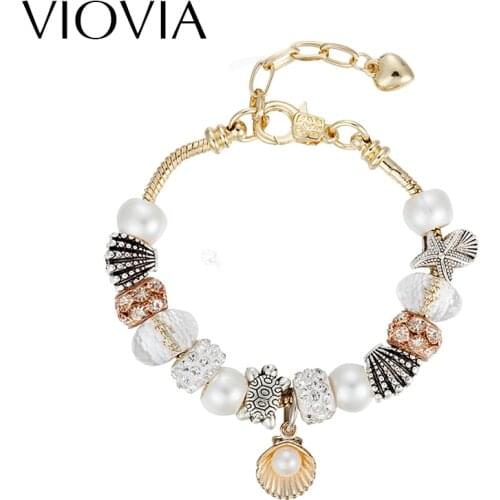 VIOVIA New Arrival Gold Chain Women Bracelet Sea Turtles Bead Charm Bracelet Bangle Luxury Fit Original Jewelry DIY Gift B16087