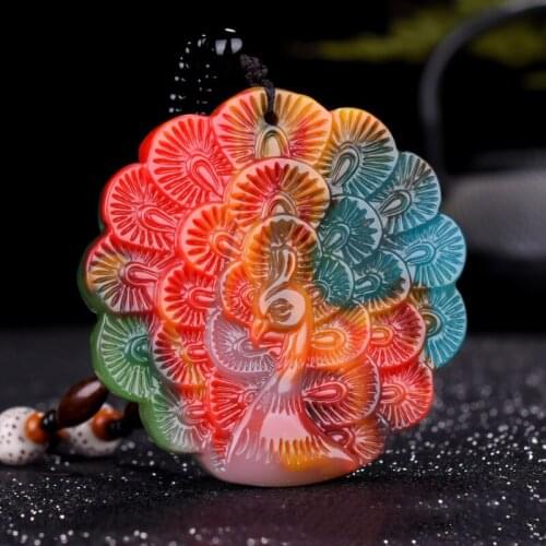 Natural Color Jade Hand Carved Peacock Jade Pendant Fashion Jewelry Mens and Womens color Peacock Open Screen Necklace