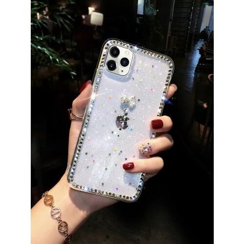 Suitable for iPhone case, womens water drill full package transparent flash pink bow case, fashionable and simple anti drop