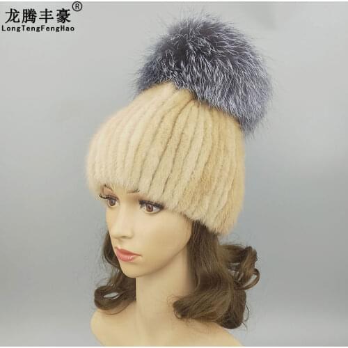 New Design Real Mink Fur Women Hat Warm 100% Natural Real Mink Fur Beanies With Genuine Fox Fur Pompom Female Girl Winter Cap