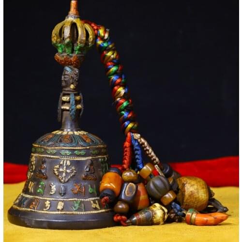 7" Tibet Buddhism Old Bronze Tracing Old rattle Statue of Sakyamuni Bells Dorje Vajra Phurpa Ward off evil spirits Town House