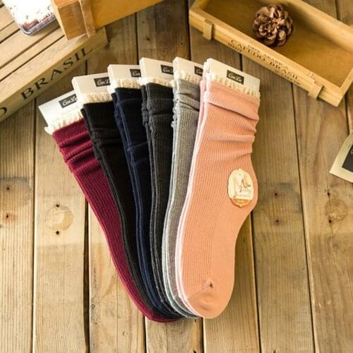 ZDL-247 Lace Retro Pile Loose Solid Forest Style Women Winter Combed Cotton Socks 10 pairs