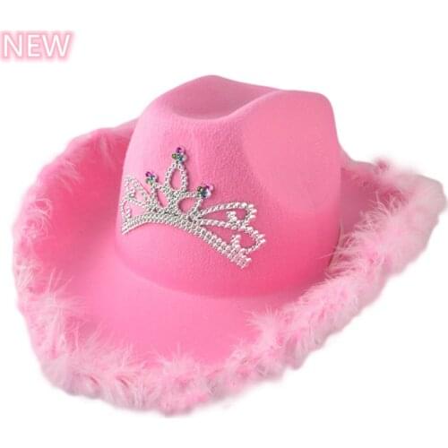 Women Feather Women Holiday party event carnival hat Halloween ladies pink cowboy hat with crown sequins decorate hat