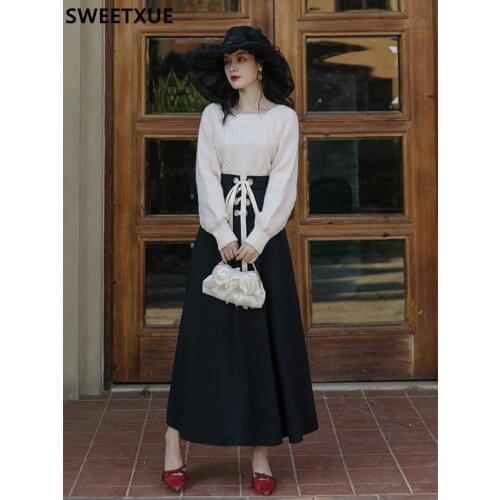 SWEETXUE Mid-length Skirt Suit Autumn Winter Women 2021 Korean Fashion Casual Square Neck Sweater High Waist Skirt 2 Piece Set