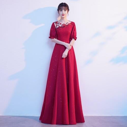 Evening Dress Sequins Zipper Back New A-Line Flowers Embroidery Short Sleeves O-Neck Floor-Length Woman Formal Party Gowns A1385
