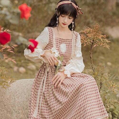 Bella 2021 new Vintage Chinese Style Plaid Dress Mori Girl Square Collar Petal Sleeve Prairie Chic Women Retro Vestidos Faldas