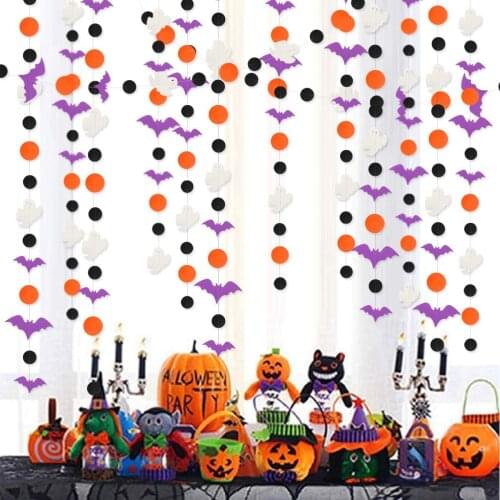 13Ft Halloween Party Decorations Paper Garlands Streamers Purple Bat White Ghost Black Orange Circle Dot Hanging Banner Bunting