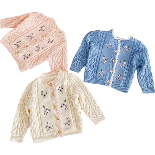 2021 Sweet Kids Girls Floral Embroidered Crochet Sweater Cardigans Jackets Candy Pink Beige Blue Color Spring Autumn Outwears