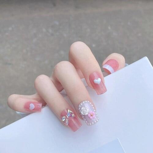 New 24pcs Love Heart Printed Nail Patch Glue Type Removable Long Paragraph Fashion Manicure Save Time False Nail Patch