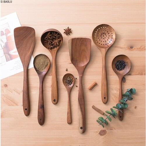 7PCS Natural Solid Wooden Tableware High Temperature Resistant Spatula Housold Cooking Tool Spatula Rice Spoon Colander Kitchen