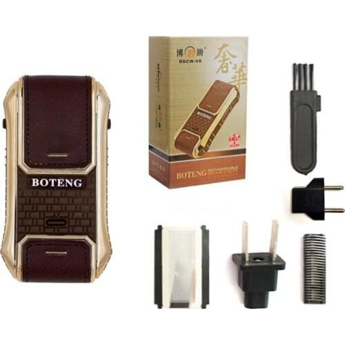 RSCW-V5 Mini Mens Leather Shell Electric Shaver Single Blade Reciprocating Razor with Mirror AC Rechargeable or AA Battery Use