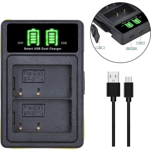 AsperX BP-511 BP-511A BP 511 BP511 LED USB Dual Charger with Type C Port for Canon 40D 300D 5D 20D 30D 50D 10D G6 L10