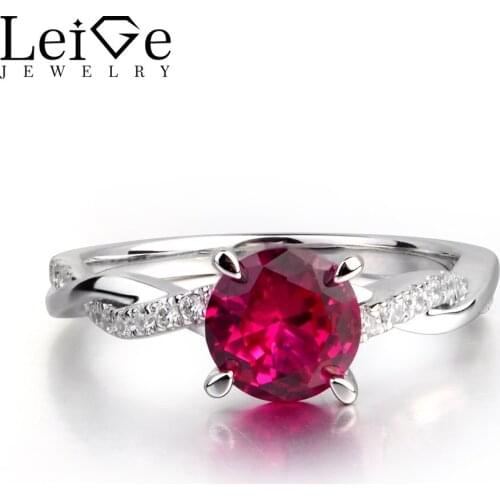 Leige Jewelry Lab Red Ruby Gemstone Round Cut Engagement Romantic Rings For Girls 925 Sterling Silver July Birthstone