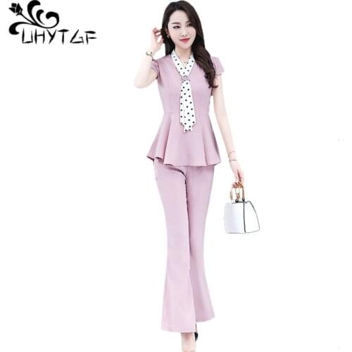 UHYTGF Casual summer two peice set for women fashion v-neck pullover slim women sets bell bottom pants elegant clothes women 944