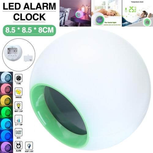 7 Colors LED Round Snooze Digital Alarm Clock Color Changing Light Kids Bedroom Indoor Thermometer Table Decoration