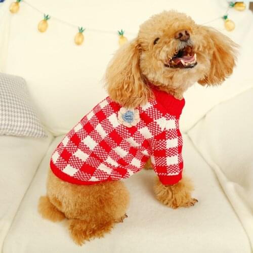 Soft Warm Dog Christmas Floral Sweater Red Yellow Cotton Plaid Knitting Sweaters Winter Clothes For Pet Cat Puppy Chihuahua Pug