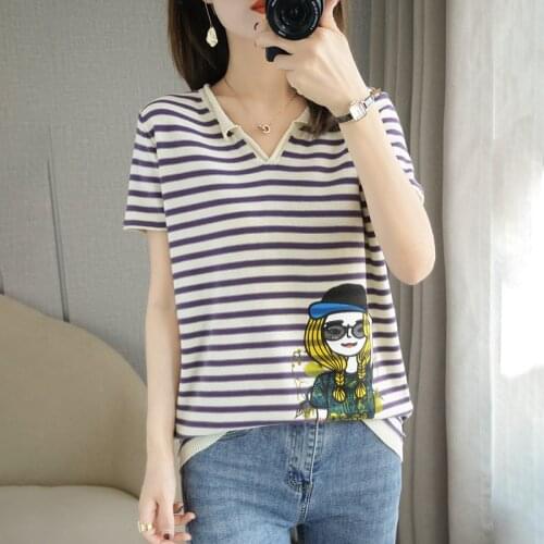 2021 summer new cotton T-shirt casual knitted sweater short-sleeved womens v-neck pullover plus size top tees