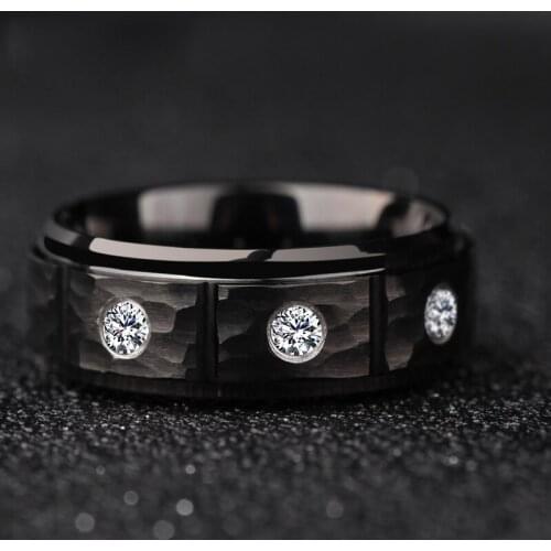 New Stunning 8mm Width Black Tungsten Wedding Rings Hammer Faceted Brushed Finishing Inlay 3 Pcs CZ Stones Comfort Fit Size 6-13