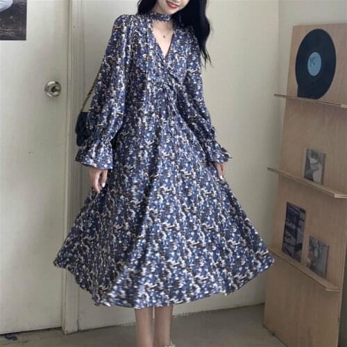 Floral Dress Women Office Lady Casual Party Elegant Dress Female Casual Long Sleeve V-neck One Piece Dress Korean 2020 Autumn