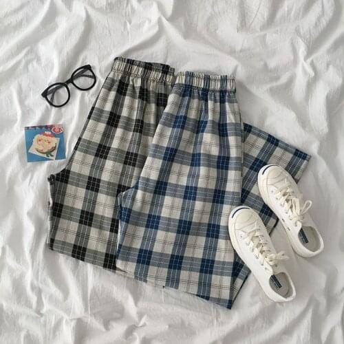Plaid Ins Casual Pants 2021 Summer New Womens Korean Student Loose Wide-leg Long Pants