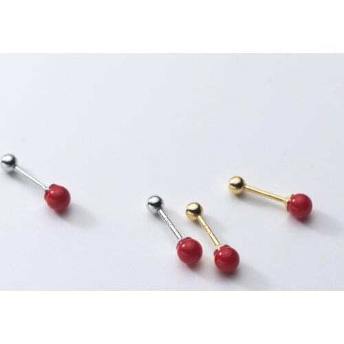 100% Real 925 Sterling Silver Red Synthetic Pearl Stud Earrings For Girls Daughter Lady Christmas Gift Jewelry