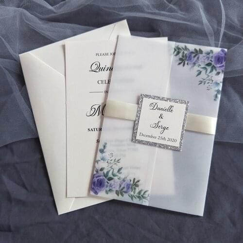 50X Purple Flower Vellum Wedding Invitations with Silver Glitter Tag DIY Personalized Printing Cards For Bridal Shower Party