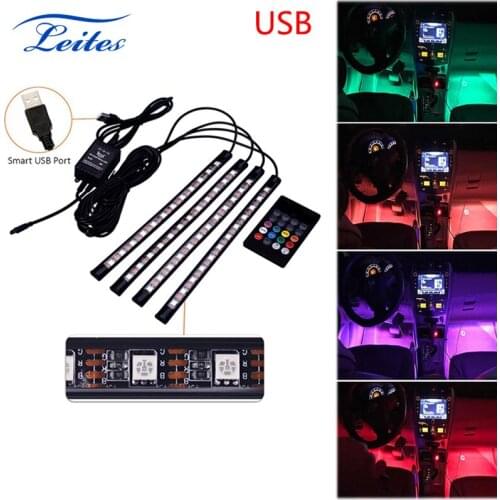 Leites 4PCS 48led USB Music Sound Active Car Interior LED Strips Light DC12V Auto Atmosphere Lights Underdash Lighting Strip Kit