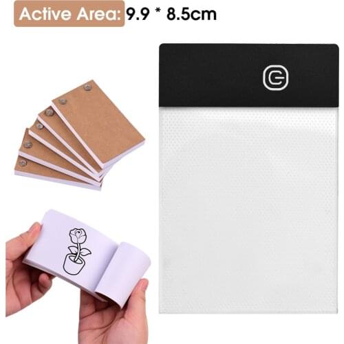 9.9*8.5cm Active Area Copyboard Mini Light Pad LED Lightbox Tablet Design with 300 Sheets Flipbook Paper for Drawing Sketching