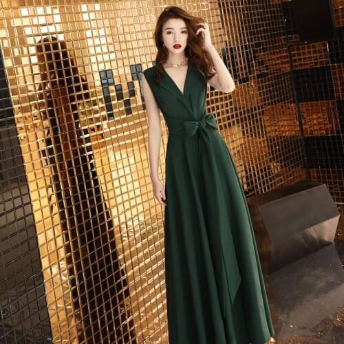 Evening Dresses New Fashion 2019 Sexy V-neck Sleeveless a Line Prom Party Dresses with Bow Sashes Formal Dress Robe De Soiree