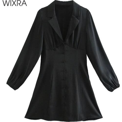 Wixra V Neck Black Dresses Womens A Line Full Sleeve High Street Solid Clothing 2021 Spring Summer