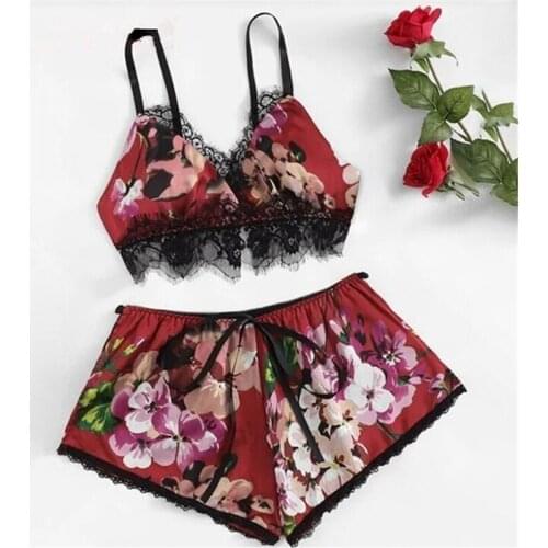 WomenS Pajama Set Sexy Satin Lace V-Neck Pyjamas Sleepwear Sleeveless Cute Cami Top And Shorts Summer Floral Spandex