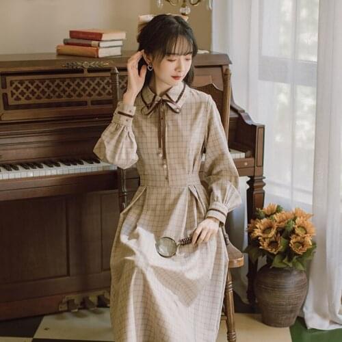 Dresses For Women French Vintage Vestido de mujer Autumn Literary Retro Plaid Long Sleeved Sweet College Style Dress With Ribbon