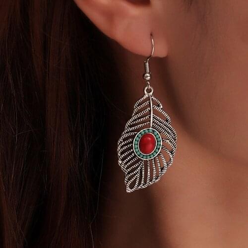 Vintage Ethnic Style Antique Silver Color With Red Opal Leaves Drop Earrings Jewelry For Women Statement Dangle Earrings brincos