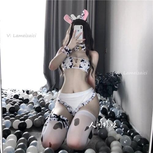 Japanese Sexy Lingerie Cos Cow Cosplay Costume Maid Bikini Swimsuit Anime Swimwear Clothing Lolita Bra and Panty Set Stockings