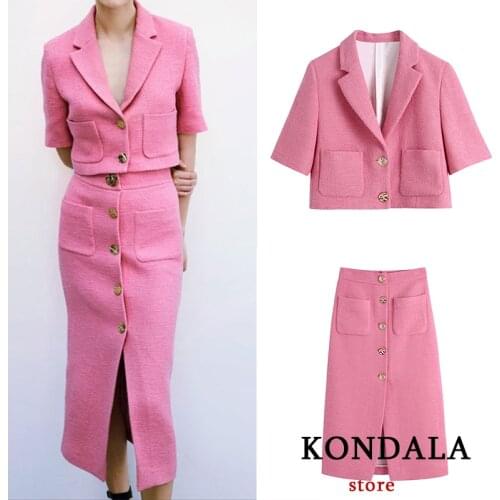 KONDALA Women New Summer 2021 Fashion Suits Za Pink Short Blazer Jacket And Casual Skirt Women Sets Vintage Texture 2 Pieces Set