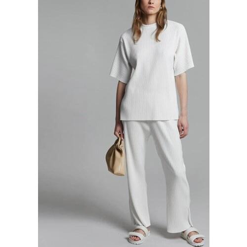 Office Ladies Elegant Two-piece Set Womens Pullover Short Sleeve Top And Side Slit Wide Leg Pant Suit For Female High Quality