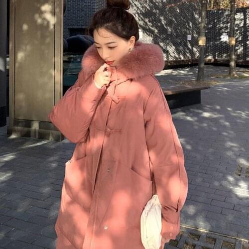 Women Winter Real Raccoon Fox Fur Long Down Jacket Vintage Female 90% White Duck Down Coat Loose Hooded Lady Thick Warm Overcoat