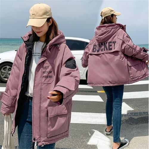 Winter Women Parkas 2019 Fashion Print Letter Loose Down Cotton Jacket Hooded Parkas Thicken Cotton Padded Winter Coat Q792