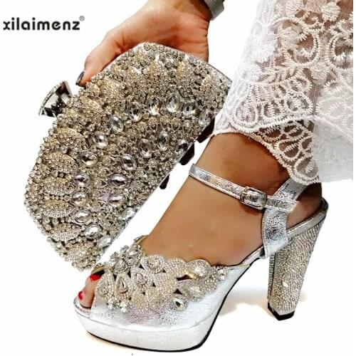 2019 Special Arrivals Elegant Silver Color Shoes And Bag To Match Set Italian High Heels Party Shoes And Bag Set For Wedding
