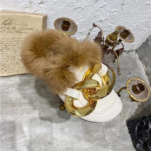 2021 Fashion Gold Chain Women Slipper Winter Warm Plush Slip On Mules Shoes Flat Casual Fur Slides Ladies Furry Flip Flop