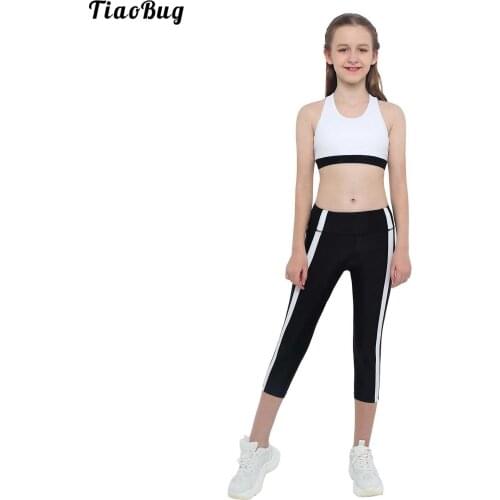 TiaoBug Kids Summer Girls 2Pcs Yoga Gym Sportsuits Sleeveless Y-Shaped Back Crop Top With Elastic High Waist Sport Leggings Sets
