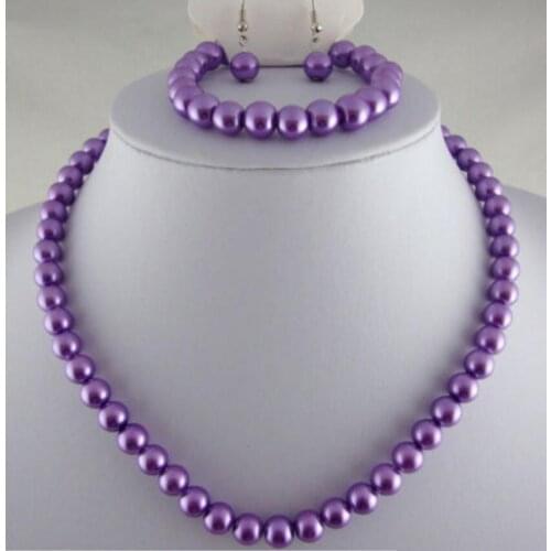 PURPLE GLASS PEARL NECKLACE EARRINGS BRACELET SET