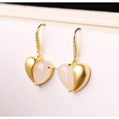 SNew silver inlaid natural Hetian white jade earrings creative jewelry heart-shaped cute romantic charm womens brand jewelry