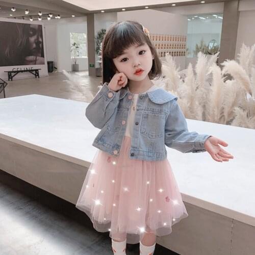 Girls Clothes Denim Jacket + Mesh Dress Girl Clothes Floral Pattern Outfits For Girls Spring Autumn Childrens Clothes