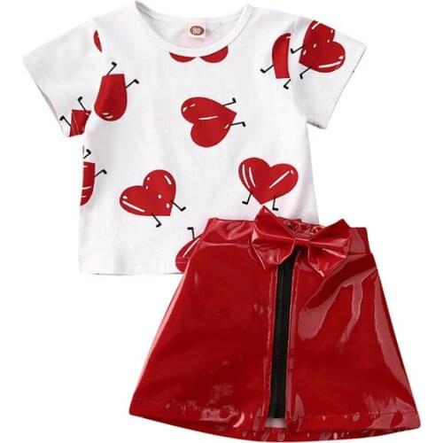 1-5Y Baby Summer Clothing Toddler Kids Girl Valentine Clothes Love Heart Tee Shirt Cotton Top Bowknot Leather Skirt 2Pcs Set Red