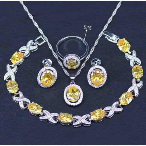 Silver color jewelry set for women top CZ yellow stone Oval Square earrings ring necklace bracelet set
